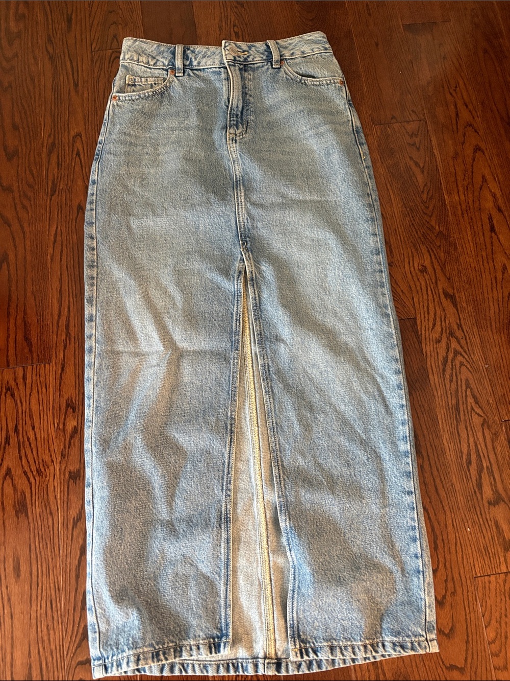 Dynamite Light Blue Denim Maxi Skirt with Center Front Slit